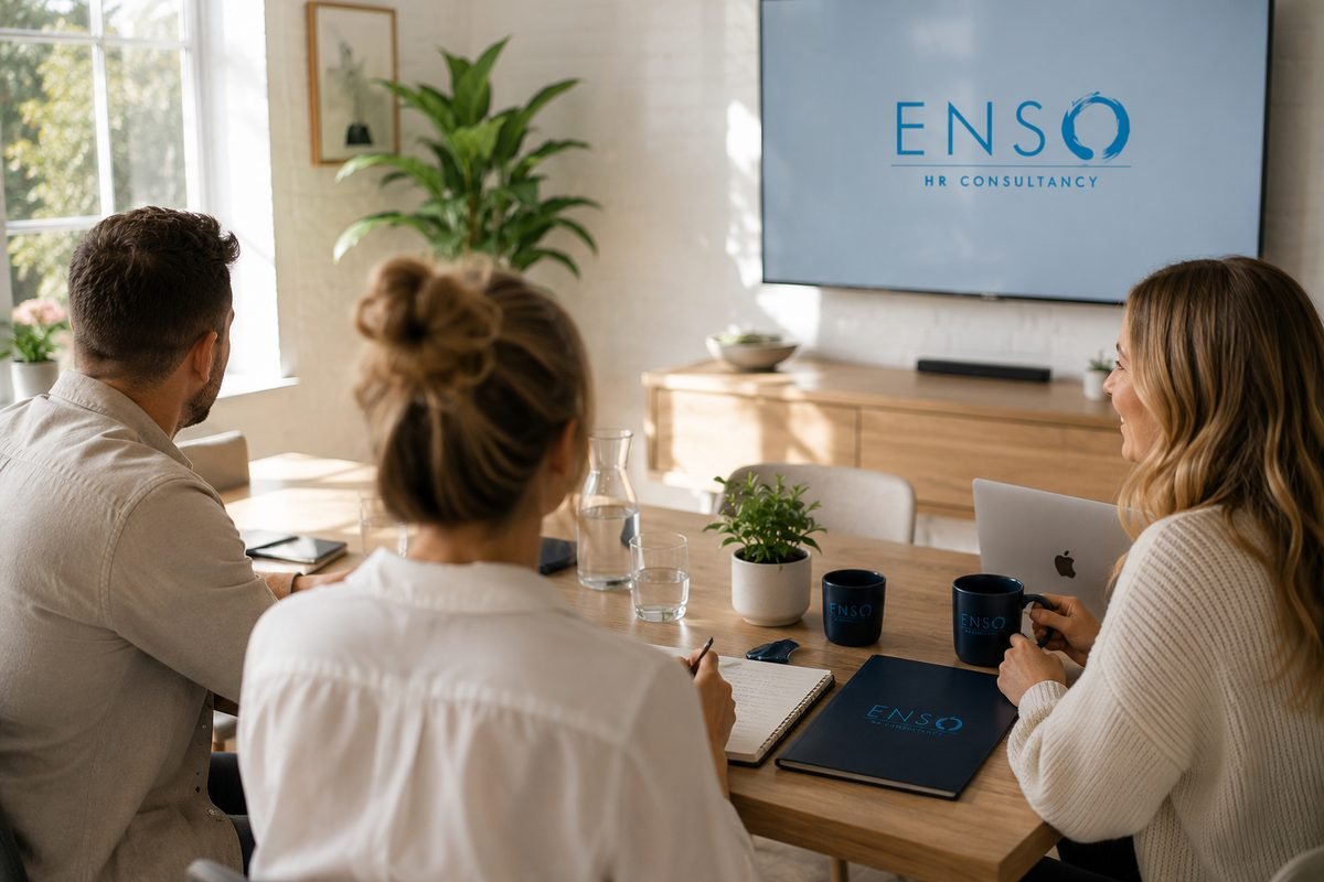 Three colleagues in an Enso HR Consultancy meeting